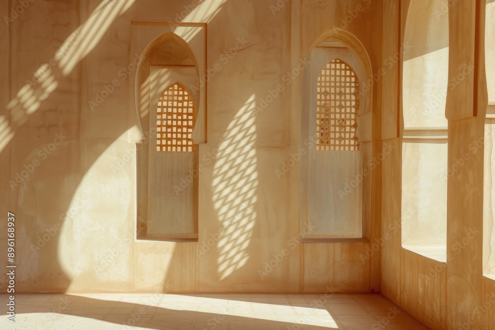 Poster cozy room with three arched windows and a tiled floor, ideal for interior design or architecture pro