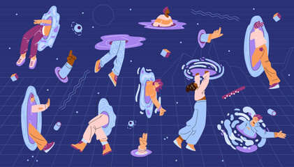 A creative set showing disparate human bodies through various openings.