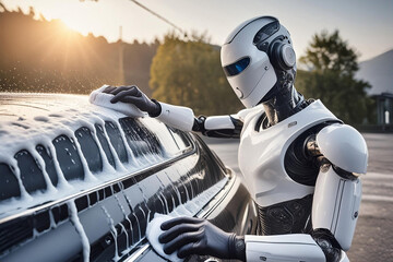 Robot android washes car on futuristic car wash with active foam