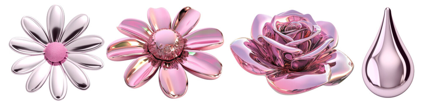 3d pink chrome png cut out element set