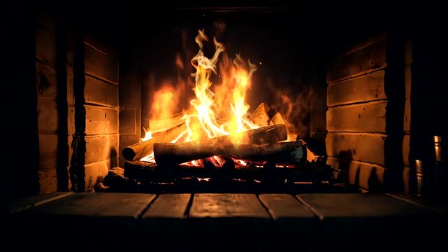 Cozy fireplace in a living room with warm lighting and stone mantel. For Lofi music background. seamless looping 4k time-lapse animation video background. Interior design concept