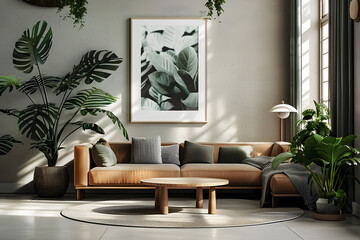 Fototapeta premium A cozy couch, concrete floors, a circular middle table, and indoor plants all over the place can be found in a Danish design interior. The best location for art and print mockups is an empty, isolated