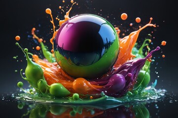 Fruity Eruption: Spheres Amidst a Vibrant Liquid Explosion