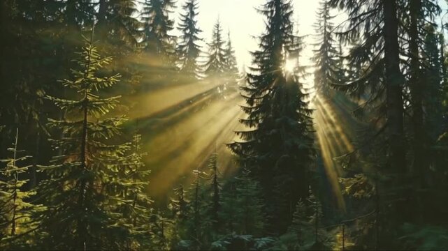 Serene 4k Video of Sunlight Streaming Through Spruce Forest


