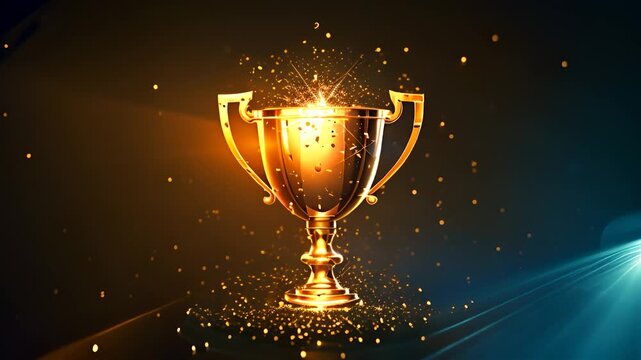 Golden trophy with glowing sparks in slow motion for winning celebration video