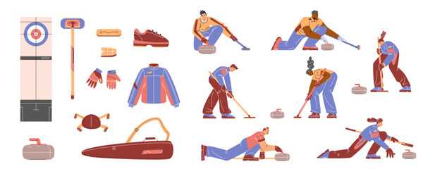 Curling sport game equipment and uniform vector cartoon set, cartoon players, curling stone and brush, ice ring, case © Kudryavtsev