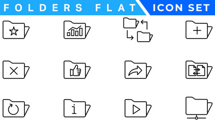 Folders flat line icons set. File catalog, document search, folder synchronization, local network vector illustrations. Outline minimal signs for web site