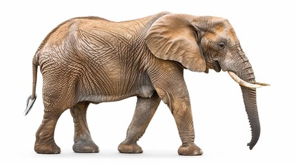Fototapeta premium an elephant with tusks walking in front of a white background
