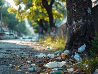 Obraz premium Environmental Challenges in Urban Spaces - Tree Surrounded by Garbage Bags in Public Area