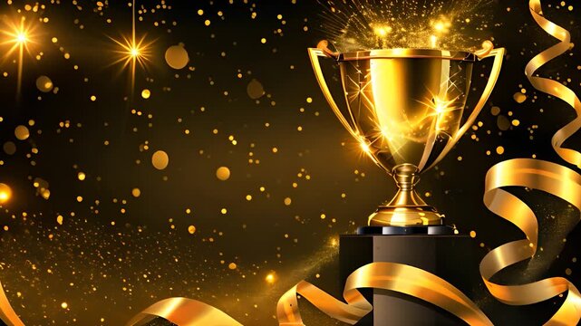 Golden trophy with glitter and confetti in slow motion for celebratory video backgrounds and commercials