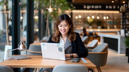 Asian woman in business attire working on a laptop in a modern cafe with indoor greenery and natural lighting.