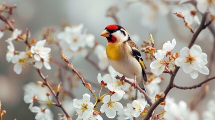 Fototapeta premium Goldfinch Perched on a Blooming Branch
