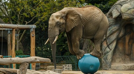 Fototapeta premium an elephant standing on top of a blue ball
