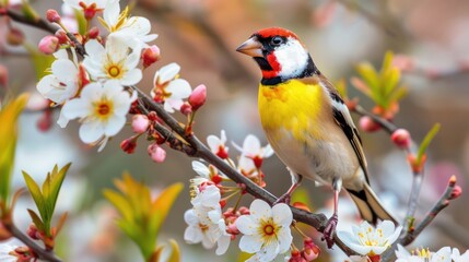 Fototapeta premium A Colorful Finch Perched on a Branch of Spring Blossoms