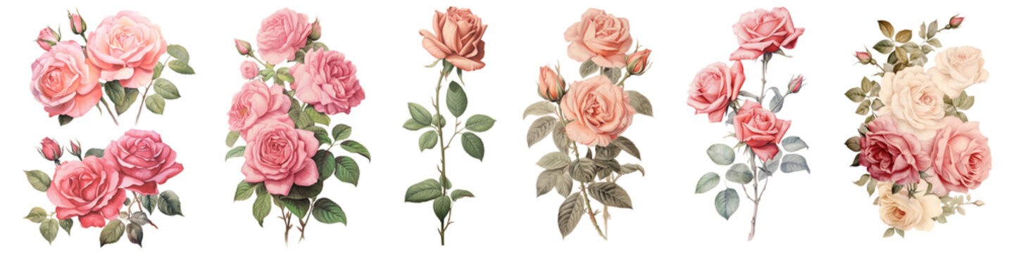 Vintage rose flower png cut out element set