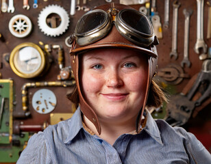 Woman Wearing Aviator Cap And Goggles in Steampunk Style