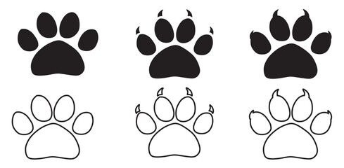 Fototapeta premium Animal footprint set of three different style foot marks in black color. Black and white sketch of animal footprint vector collection. Paw print of dog, cat, puppy pet footprint, Animal foot print set