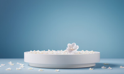 White Pearl Podium Iridescent with Pale Blue Background and Floating Petals
