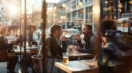 Four men in a modern restaurant engaged in conversation around a table, seen through a glass window, with street and buildings visible outside.