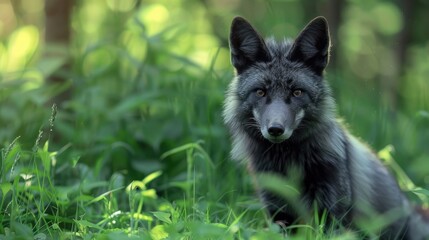 Silver Fox in the Green Undergrowth