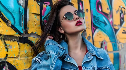Fototapeta premium Woman in Men's Denim Jacket: A woman posing against a graffiti wall, wearing a men's denim jacket and stylish sunglasses. 