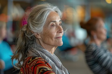 Fototapeta premium Active Senior Woman in Profile Doing Aerobics for Healthy Retirement Routine