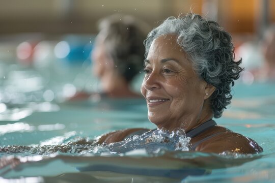 Active Senior Woman Enjoying Water Aerobics for Healthy Retirement Lifestyle