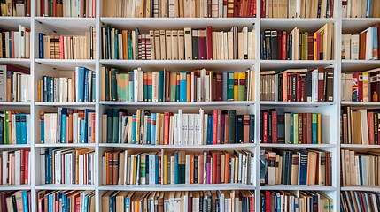 many Colorful books on white shelves, seamless background of the library
