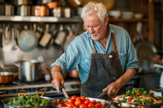 Senior Man Enjoying Culinary Retirement Hobby at Cooking Class