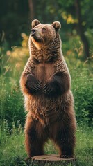 Fototapeta premium Brown Bear Standing Tall in a Lush Forest