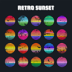 Grunge vintage sunset collection. Colorful striped sunrise badges in 80s and 90s style. Sun and ocean view, summer vibes, surfing. Design element for print, logo or t-shirt. Vector illustration