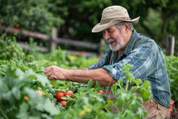 Embracing Sustainable Retirement: Elderly Man in Profile Working on Vegetable Garden, Eco-Friendly Hobby Concept