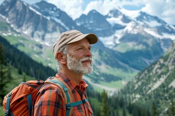 Naklejka premium Active Senior Man Hiking in Scenic Mountains, Adventurous Retirement Hobby Profile View