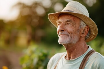 Fototapeta premium Serene Senior Man Tending to Garden - Enjoying Retirement Hobby with Plants, Outdoor Leisure, Active Lifestyle Concept
