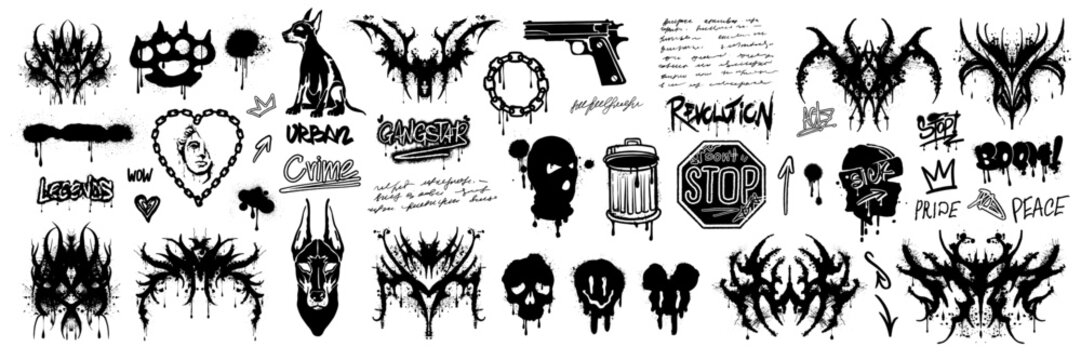 Graffiti urban sticker set, calligraphy print spray street art vector splatter tags, neo tribal sign. Underground dark grunge culture tattoo, road sign, balaclava, dog. Graffiti urban textile design