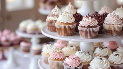 A variety of beautifully decorated cupcakes on display stands, featuring different flavors and frosting designs in a charming arrangement.