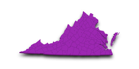 3d Map of Virginia state with counties and color. United State of America, US, United State