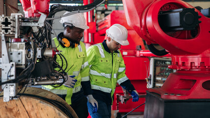 Engineers inspecting and check up machine of the automated arms machine welding robots at factory....