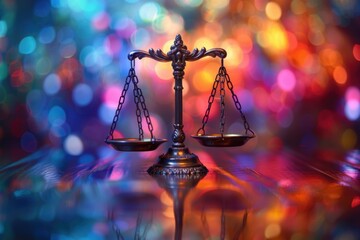 Scale of justice on a table with a colorful background