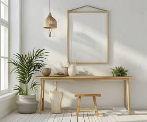 Fototapeta premium Mock up frame in home interior Rustic style background, room with table and decor, 3d render