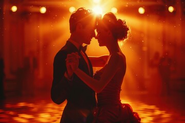 A couple shares an intimate dance in a romantic ballroom setting bathed in warm sunset light, capturing a timeless moment of love and connection.