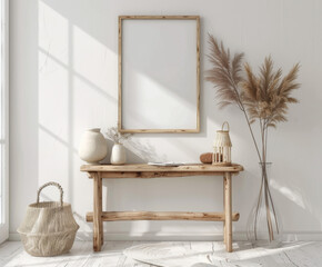 Mock up frame in home interior Rustic style background, white room with natural wooden table and decor, 3d render 