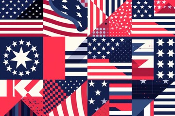 A collection of American flags displayed on a wall