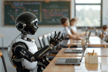 Fototapeta premium Futuristic Robot Teacher Conducting a Classroom Lesson with Attentive Students