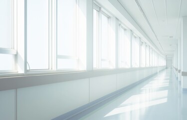 Obraz premium Blurred Background of Modern Hospital Interior with White Corridor and Windows for Copy Space or Product Display in Presentation