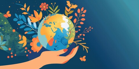 Hand holding a globe with colorful floral elements surrounding it symbolizing harmony between nature and humanity on a teal background
