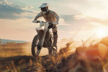 Obraz premium A person riding a dirt bike on an unpaved road, great for outdoor adventure and sports themes