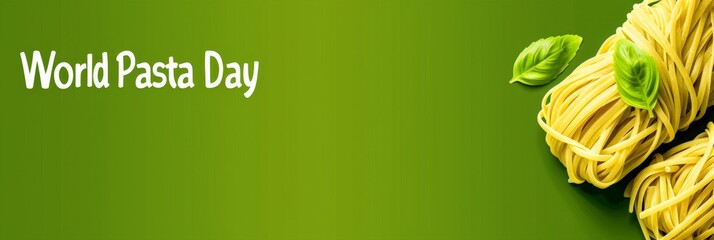 Celebrating World Pasta Day: Fresh Spaghetti and Basil on Vibrant Green Background