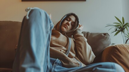 Woman in Oversized Hoodie: A relaxed woman lounging on a sofa, wearing an oversized men's hoodie and casual jeans.
