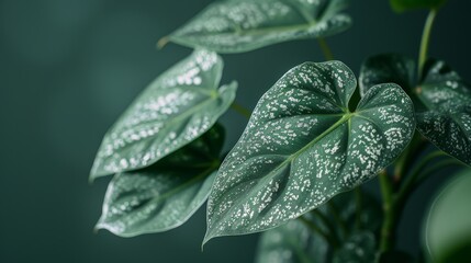 Macro shot of a rare Philodendron with its silver-blotched leaves